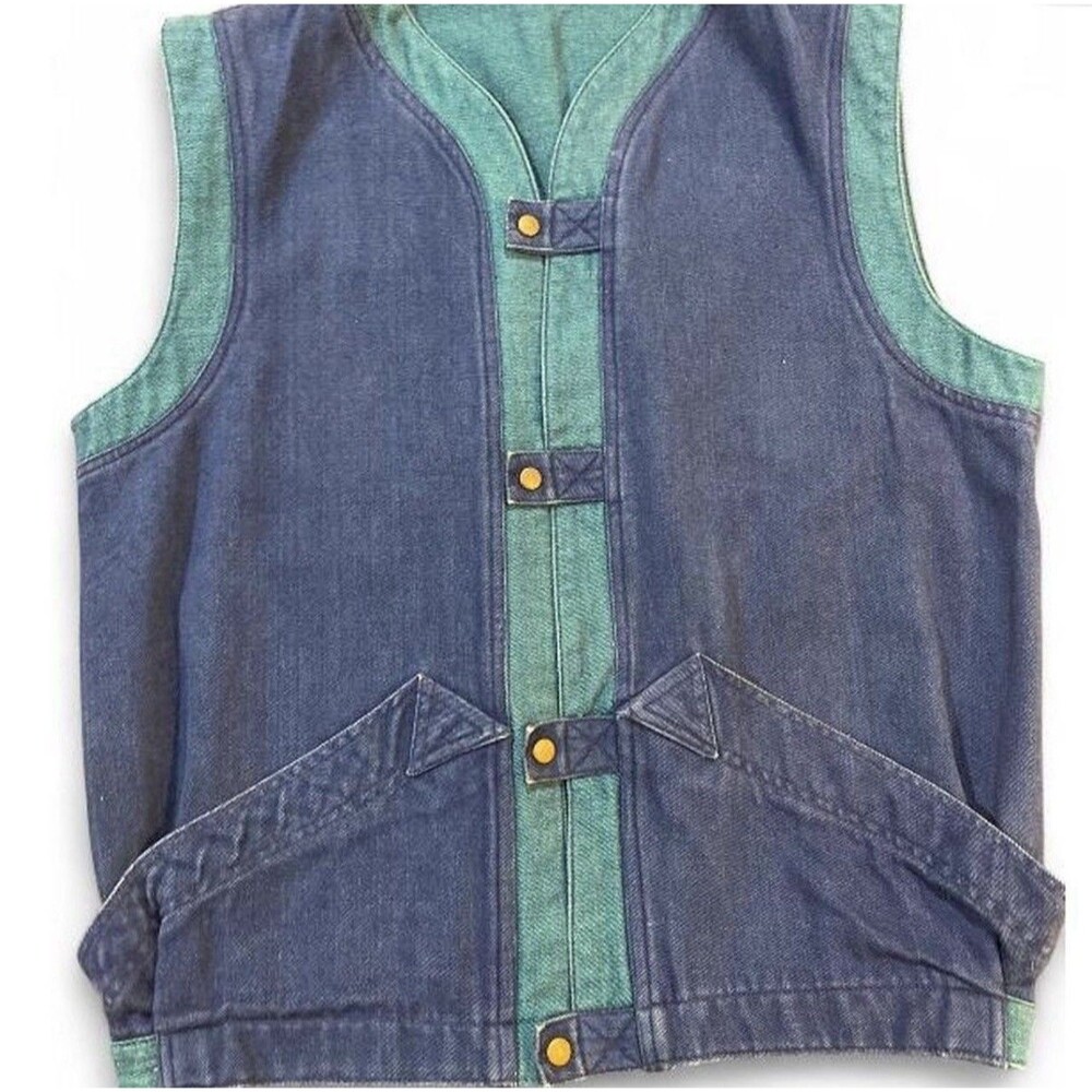 VTG 80s CARIDREY Two Tone Denim Vest Deadstock Snap Front Teal Blue Cotton Large